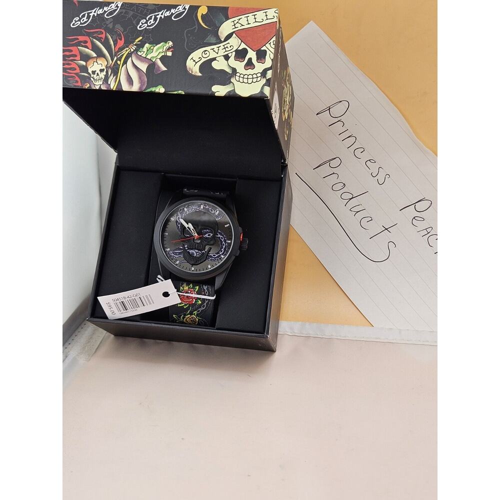 ED HARDY Men's Skull Bling Black Silicone NEW